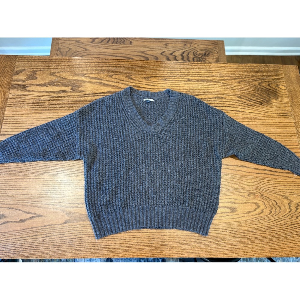 American Eagle Women Gray Waffle Knit V-Neck Sweater Large Oversized Charcoal
